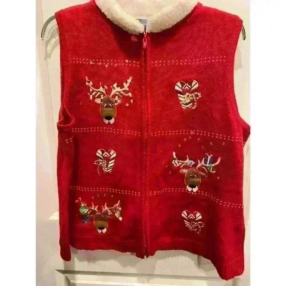 Classic Elements Women's Christmas Holiday Vest SZ LG Reindeer